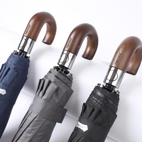 PARACHASE Automatic Folding Umbrella Men Women 10K Strong Windproof Rain Umbrellas Anti UV Sun Protection Wooden Handle Paraguas ► Photo 1/6