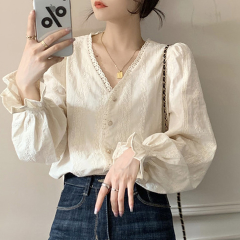 Sweet Women tops New Spring Autumn Korean fashion Hollow out Crochet blouse Casual Long Sleeve Shirt blusa feminina ► Photo 1/6