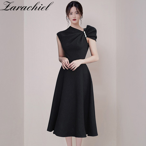 Summer Women Sexy Oblique Black Asymmetric Collar Pearls Bow Dress Elegant Lady Sleeveless High Waist Big Swing Long Party Dress ► Photo 1/6