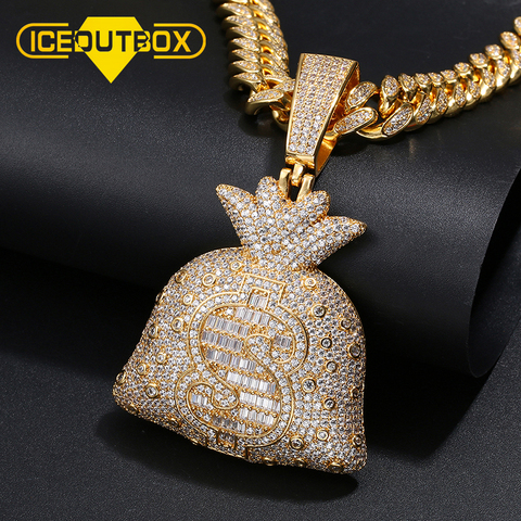 ICEOUTBOX Hip Hop Big Money Bag Pendant Necklace Iced Out Bling Cubic Zircon Men's Rapper Jewelry Top Quality Fashion Jewelry ► Photo 1/6