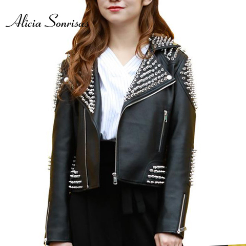 Women Punk Studded Leather Jacket Black 2022 Spring New Rivet Washed PU Biker Rock Fashion Coat L18BD290 ► Photo 1/6