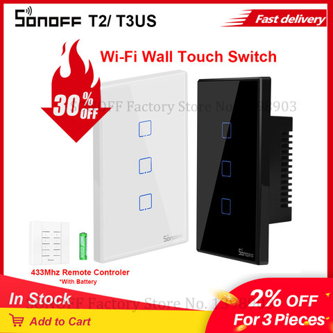 Itead SONOFF TX T2/ T3 US Standard Wireless Wifi Light Smart Touch Screen Switch Glass APP/ Voice/ RF Remote Control 1 2 3 Gang ► Photo 1/6