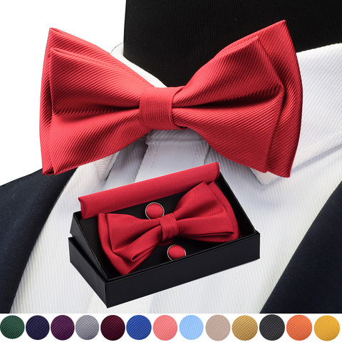 GUSLESON Quality Bowties For Wedding Mens Solid Color Two Layer Pre-tied Bow Tie and Pocket Square Cufflinks Set with Gift Box ► Photo 1/6