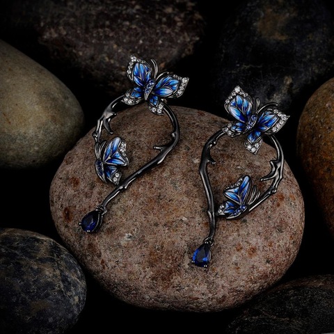 Creative Women's Vintage Black Gold Enamel Drops Earrings Lovely Butterfly Flower Zircon Pendant Dangle Earrings Brand Jewelry ► Photo 1/2