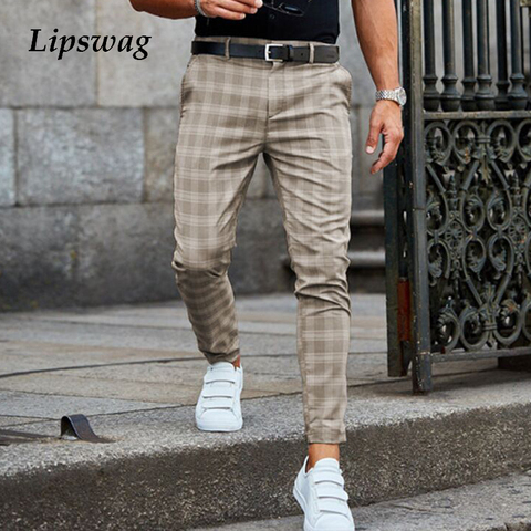 2022 Spring Fashion Plaid Printed Pencil Pants For Mens Vintage Mid Waist Button Trouser Male Summer Casual Long Pant Streetwear ► Photo 1/6