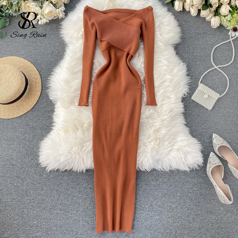 SINGRAIN Slash Neck Knitted Dress Women Sexy Off Shoulder Cross Elastic Warm Dress Autumn Winter Fashion Sweater Bodycon Dress ► Photo 1/6