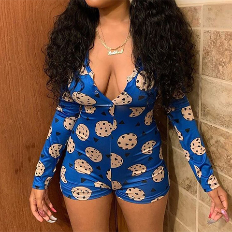 Sexy Onesies For Adults 2022 Newest Autumn Winter Long Sleeve V-neck Funny Pattern Print Pajama Romper Women Christmas Nightwear ► Photo 1/6