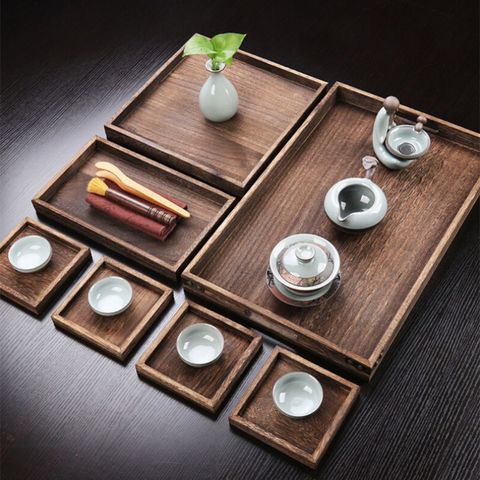 2022 New Set of 7 Rustic Paulownia Wooden Nesting Serving Trays Set with Cutout Handles ► Photo 1/5