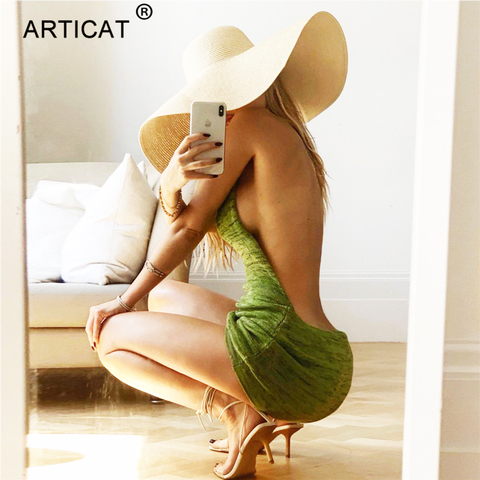 Articat Halter Backless Cotton Knitted Dress For Women Solid Sleeveless Sexy Mini Dresses Ladies Beach Wear Hollow Out Vestidos ► Photo 1/6