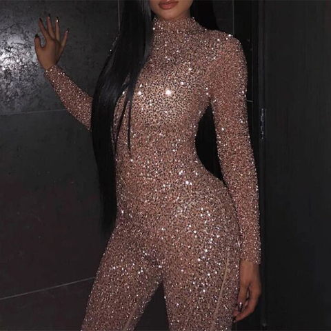 2022 Women's New Style Skinny Jumpsuit Long Sleeve Bronzing Sequins Glitter Solid Color Sexy Round Collar Ladies Party Rompers ► Photo 1/3