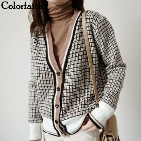 Colorfaith New 2022 Autumn Winter Women's Sweaters Plaid Fashionable Korean Style Checkered Knitting Oversize Cardigans SWC291 ► Photo 1/6