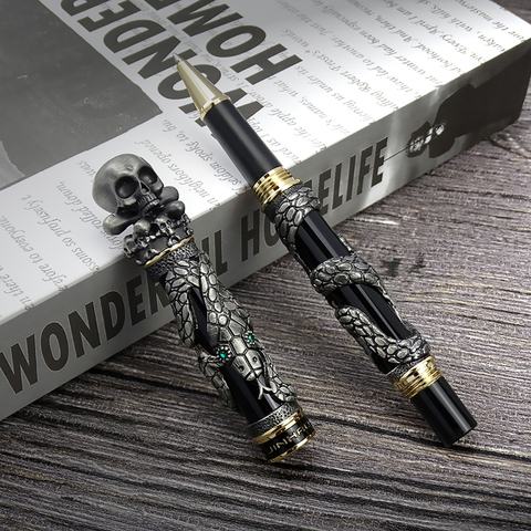 Jinhao Metal Vintage Rollerball Pen Skull Skeleton Unique Pen Cap Fine Point 0.5mm Heavy Collection Ancient Gray Office Gift Pen ► Photo 1/6