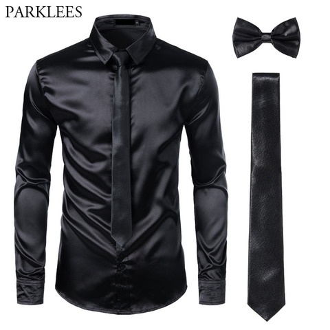 Black Mens Silk Dress Shirts 3Pcs(Shirt +Tie+Bowtie) Smooth Satin Shirt Men Slim Fit Party Prom Casual Shirts Men Social Camisa ► Photo 1/6