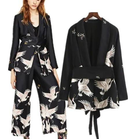 2022 Autumn Women Vintage Clothing Set Printed Blazer Wide Leg Retro Pant Female Bird Printed Outfit Pant Suits Women's Clothing ► Photo 1/6