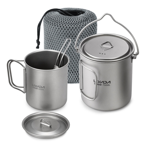 Lixada 3 Pieces Titanium 750ml Pot 420ml Water Cup Mug with Lid Handle Folding Spork for Outdoor Camping Picnic Backpacking Pot ► Photo 1/6
