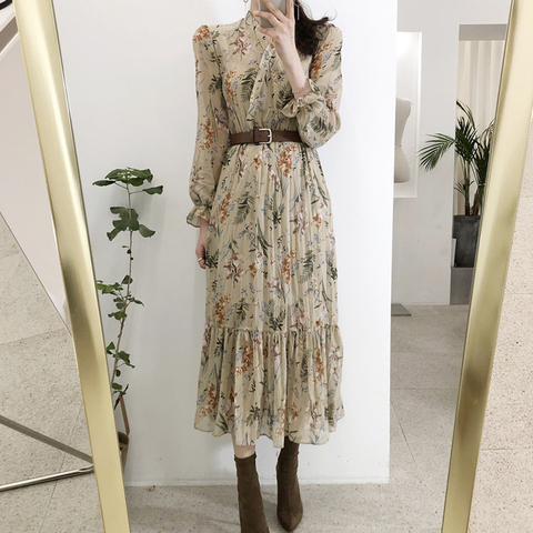 Pleated Chiffon Floral Dress Maxi v Neck Long Sleeve Flower Retro Elegant Korean Summer Beach Vestidos Primavera Verano 2022 ► Photo 1/6