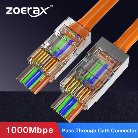 ZoeRax 100PCS Shielded RJ45 Pass Through Cat6 Connector 30u Gold Plated STP Gold Plated 3 Prong Modular Plug 8P8C Ends ► Photo 1/6