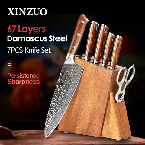 XINZUO Pro 7 Pieces Chef Set Japanese Damascus Steel Kitchen Accessories Sharp Meat Cleaver Vegetable Slicer Santoku Knife ► Photo 1/1