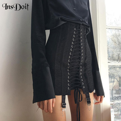 InsDoit Vintage Lace Up Black Skirt Gothic Punk Metal Patchwork High Waist Skirt Women Streetwear Bodycon Eyelet Bandage Skirts ► Photo 1/6