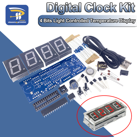 4 Bits DIY Clock 1 Inch Electronic Kit MCU STC15F204EA DC 5V RED Tube Digital LED Display Time Light Controlled Thermometer ► Photo 1/6