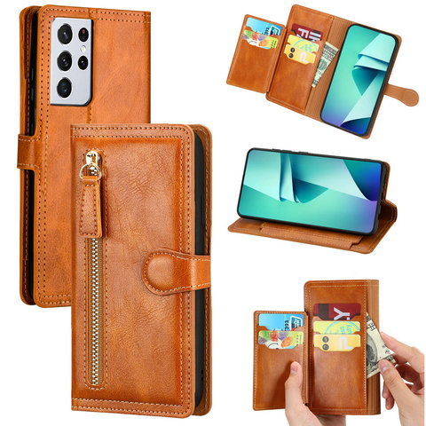 Zipper Leather Card Slot Flip Case for Samsung S21 Ultra S 21 Plus 5G Luxury Cover Phone Holder for Samsung Galaxy S21 Etui A12 ► Photo 1/6