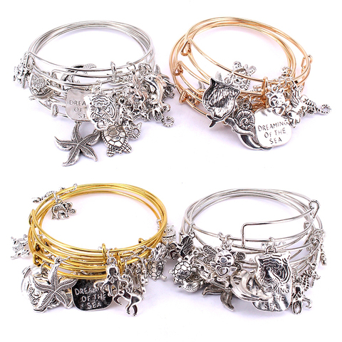 5pcs Bangle Set Wire Bracelets for Women Girls Jewllery Mixed Marine Life Starfish Dolphin Turtle Charm Bracelets C039 ► Photo 1/6