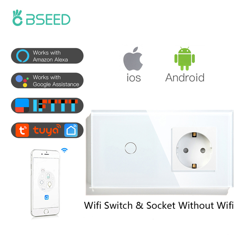 BSEED Wifi Wall Touch Switches With EU Socket Without WIFI Glass Panel 1/2/3Gang Smart Google Alexa Light Switches App Control ► Photo 1/6