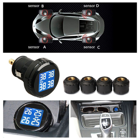 Car Cigarette Lighter TPMS Tire Pressure Monitor Sensors Wireless Monitoring Auto Security Alarm Systems LCD Backlight Display ► Photo 1/6