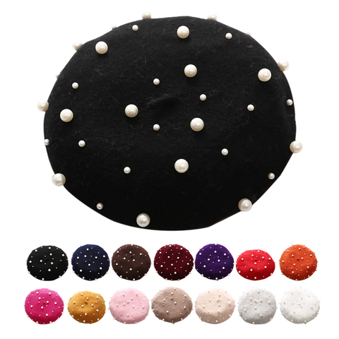 Pearl Beret Hat for Women Cashmere Winter Retro French Winter Black Red French Artist Flat Fashion Red Yellow Lady Vintage Cap ► Photo 1/6