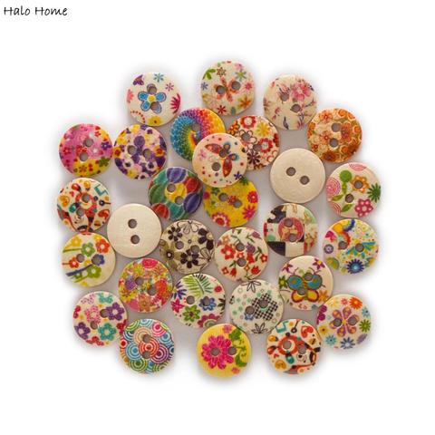 50pcs Pastoral style Flower Printing Round Wood buttons Sewing Scrapbook Clothing Gifts Crafts Handwork Accessories 11-18mm ► Photo 1/2