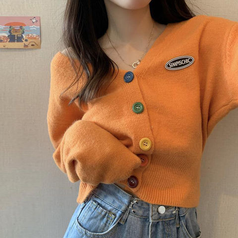 Knitted Korean Sweaters Cardigans For Women 2022 Long Sleeve Top Knitwear Oversized Short Cropped Sweater Ladies Clothes V Neck ► Photo 1/6