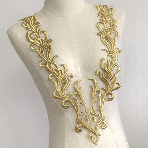 Gold Neckline collar Lace Fabric  Trims Sew On Patches Embroidery For Wedding Appliques Decoration DIY ► Photo 1/3