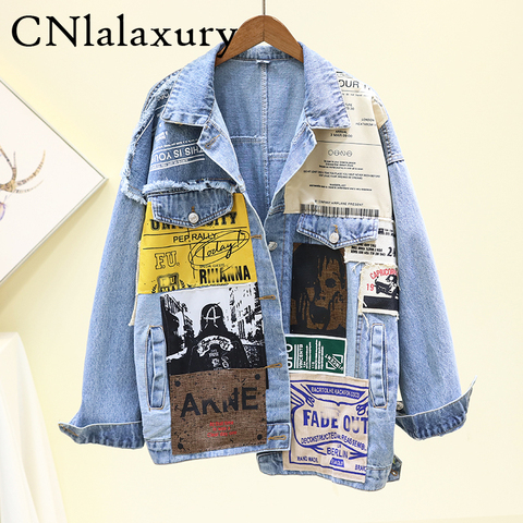 Hip hop Denim Jacket Women Fashion Print Long sleeve Vintage Bomber Jacket Coat Loose Washed Jeans Jacket Women Outerwear ► Photo 1/6