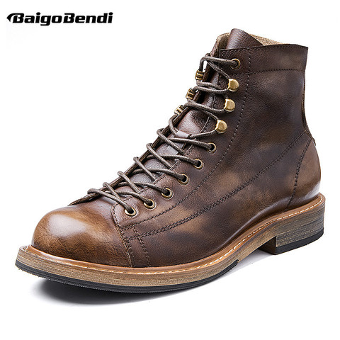 Retro Big Round Toe Men Work Boots British Style Cool Leather Lace Up Ankle Boots Man Autumn Casual Shoes ► Photo 1/6