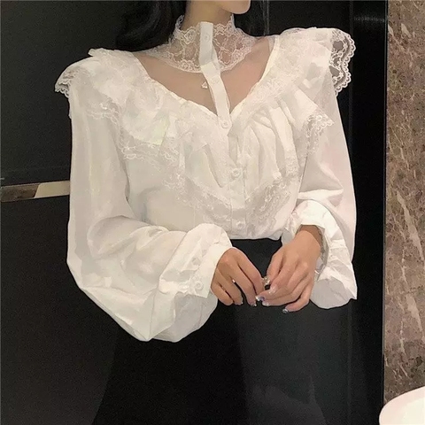 Heydress 2022 Autumn Turtleneck Blouses Women Lace Patchwork Long Sleeve Shirts Female Solid Vintage Tops Korean Blusas Mujer ► Photo 1/6