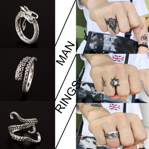 SOHOT Vintage Animal Shape Adjustable Punk Style Opening Men Charm Rings Chic Octopus Eagle Dragon Dog Peacock Jewelry Bijoux ► Photo 1/6