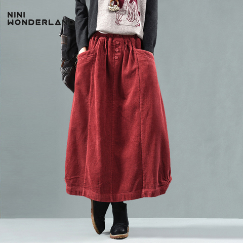 NINI WONDERLAND Autumn Winter Corduroy Skirt Women Vintage Midi Long Skirts Female Elastic Waist A-line Pleated Skirt Big Size ► Photo 1/6