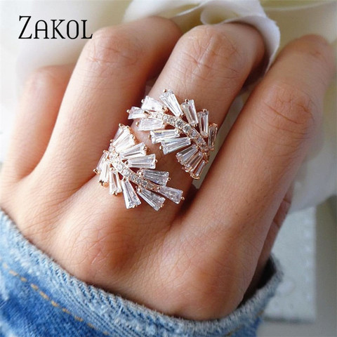 ZAKOL Fashion Style Trapezoid CZ Zirconia Open Rings Crystal Leaf Wedding Jewelry Anillo for Women Girl Party Gift FSRP225 ► Photo 1/6