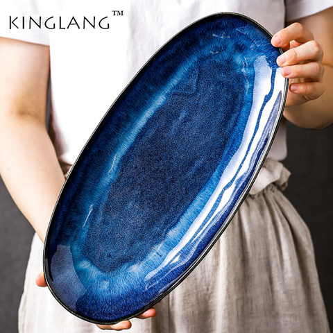 KINGLANG Japanese Kiln Glazed Blue Long Plate Household Steamed Fish Plate Large Dish Color Creative Sushi Plate ► Photo 1/6