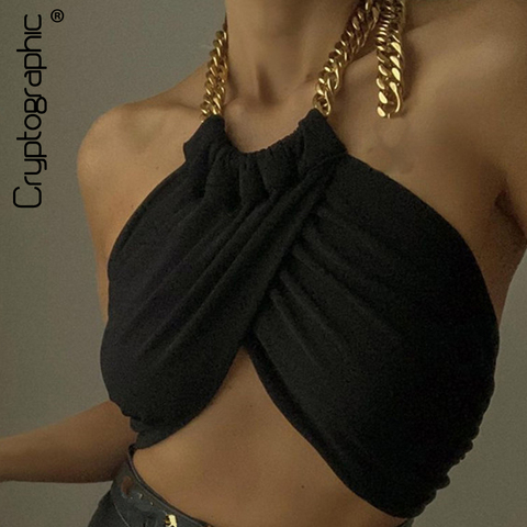 Cryptographic Summer Fashion Chic Halter Chain Crop Tops for Women Backless Cropped Feminino Black Wrap Top 2022 Streetwear ► Photo 1/6