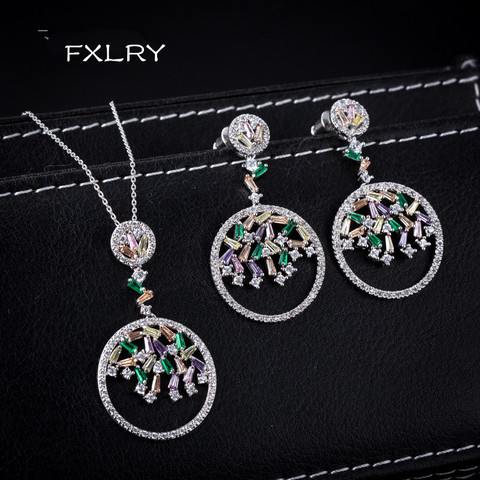 FXLRY Luxury White Color/Multi Color CZ Zircon Pendants Necklace And Earrings Sets For Women Brincos Bijoux Wedding Jewelry ► Photo 1/6