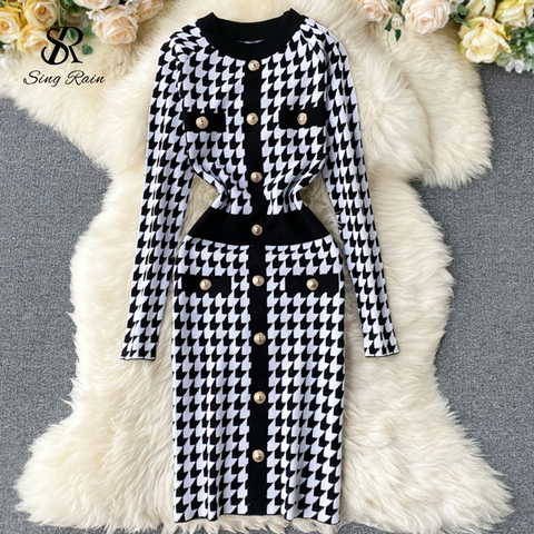 SINGRAIN Women Plaid Houndstooth Knitted Dress Autumn Fashion Retro Knit Sweater Robe Work Streetwear Winter Bodycon Plaid Dress ► Photo 1/6