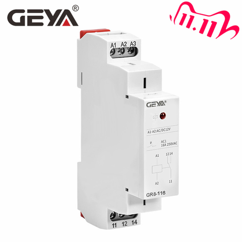 GEYA Din Rail Type GR8 AC DC 12V Switch Relay Intermediate Relay Auxiliary Relay 8A 16A ROHS Approve ► Photo 1/5