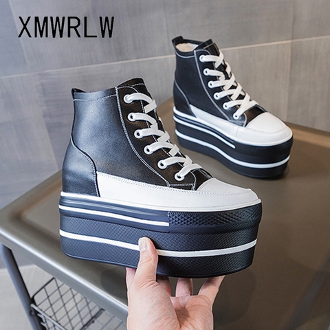 XMWRLW Women's High Top Sneakers Casual Leather Lace up White/Black Sneakers For Woman Spring Autumn Shoes High Heels Sneaker ► Photo 1/6
