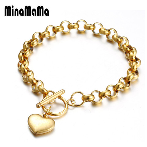 Personality Gold Rose Silver Color Stainless Steel keel Chain Toggle Heart Charms Bracelet For Woman Lovers Best Gift Jewelry ► Photo 1/6