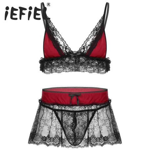 Mens Erotic Sissy Nightwear Lace Lingerie Set Straps Deep V Neck Bra Top with Mini Skirt and G-string Briefs Sexy Underwear Sets ► Photo 1/6