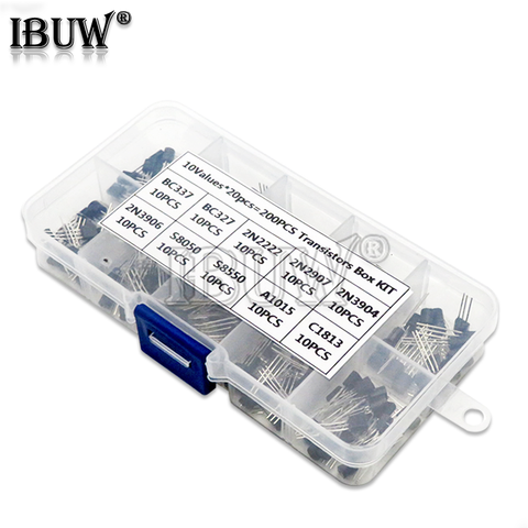 10Value 200PCS BC337 BC327 2N2222 2N2907 2N3904 2N3906 S8050 S8550 A1015 C1815 Transistor Assortment Kit Transistors Box ibuw ► Photo 1/2