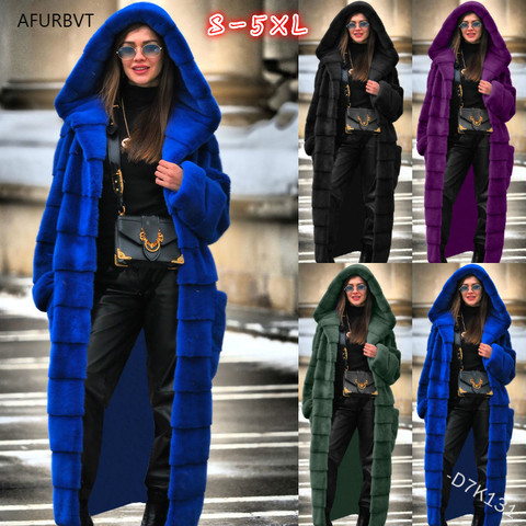 2022 Casual Faux Fur Coat Women Hoodies Furry Thick Warm Long Faux Rabbit Fur Jacket Slim Winter Coat Women casaco feminino 5XL ► Photo 1/6