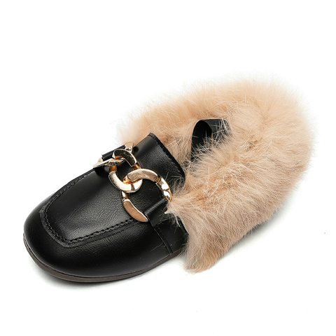 JGVIKOTO Brand Autumn Winter Girls Shoes Warm Cotton Plush Fluffy Fur Kids Loafers With Metal Chain Boys Flats Children Loafers ► Photo 1/6