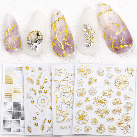 1pcs Gold Bronzing 3D Nail Sticker Flower Wave Line Designs Adhesive Metallic Stickers Charm Nail Art Decal Manicure Decorations ► Photo 1/6